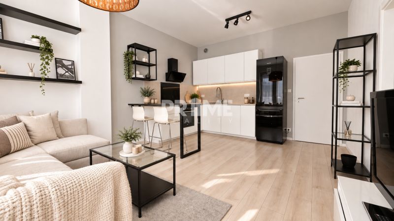 Moderný 2-izbový apartmán, balkón, sklad, Šancová-novostavba PREMIÈRE - Štýlový 2-izbový byt s podlahou s dreveným dekorom a modernou kuchyňou.