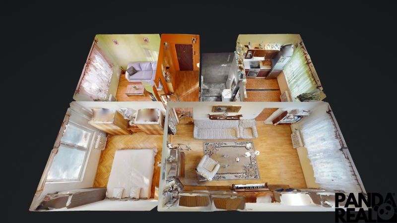 3.izbový byt so záhradou /420 m²/ a chatkou BOŠANY - 3D pohľad na interiér 3-izbového bytu s podlahou s dreveným dekorom.
