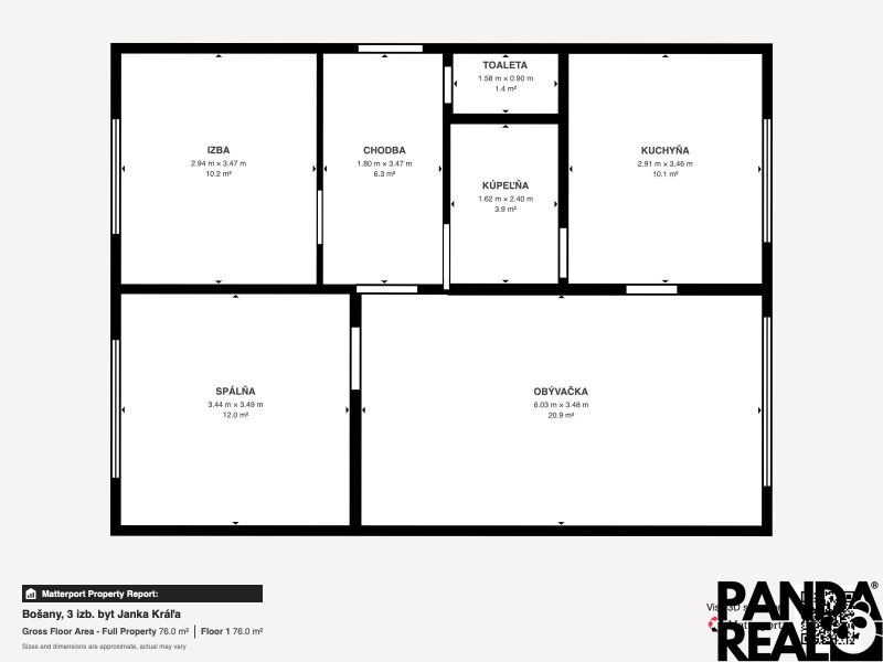 3.izbový byt so záhradou /420 m²/ a chatkou BOŠANY - Pôdorys 3-izbového bytu s izbami, kúpeľňou a kuchyňou.