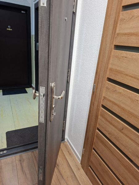 DOBRÉ REALITY - krásny 1,5-i. byt s lódžiou na prenájom, Kanianka - Vstupné dvere s kovovým kovaním v 1-izbovom byte, podlaha s dreveným dekorom.