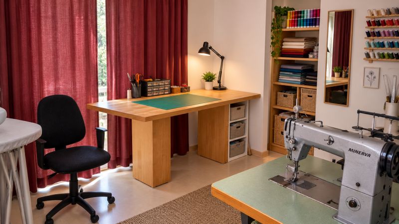 MODERNÝ 6-IZBOVÝ BUNGALOV S TERASOU A POZEMKOM 884 m² – RATNOVCE - Šijacia dielňa v rodinnom dome s pracovným stolom a šijacím strojom.