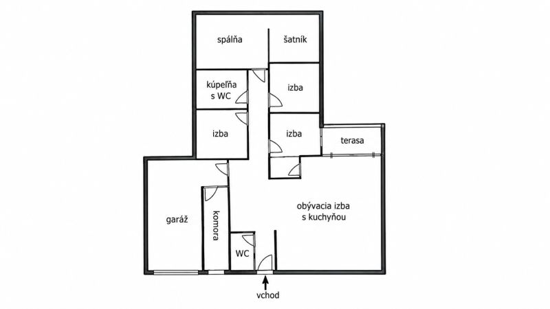 MODERNÝ 6-IZBOVÝ BUNGALOV S TERASOU A POZEMKOM 884 m² – RATNOVCE - Pôdorys rodinného domu obsahuje garáž, spálne, kúpeľne, terasu a obývaciu izbu s kuchyňou.