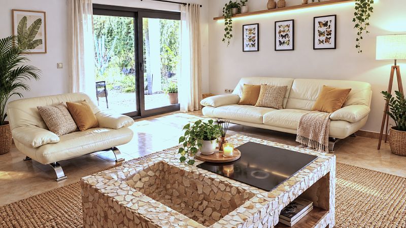 MODERNÝ 6-IZBOVÝ BUNGALOV S TERASOU A POZEMKOM 884 m² – RATNOVCE - Obývacia izba v Rodinnom dome so svetlými sedačkami, rastlinami a veľkými oknami.