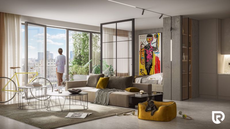 2 izbový byt 65 m² | Greencorner  | Bratislava-Nové mesto - Obývacia izba 2-izbového bytu s pohovkou, podlahou s dreveným dekorom a veľkými oknami.
