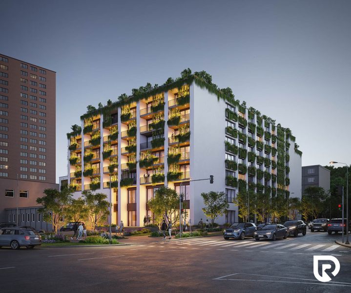 2 izbový byt 65 m² | Greencorner  | Bratislava-Nové mesto - Dizajnová budova s bohatou zeleňou na fasáde na Račianskej ulici v Bratislave - Novom Meste.