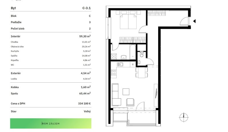 2 izbový byt 65 m² | Greencorner  | Bratislava-Nové mesto - Pôdorys 2-izbového bytu s rozlohou 59,30 m² a lodžiou 4,54 m².