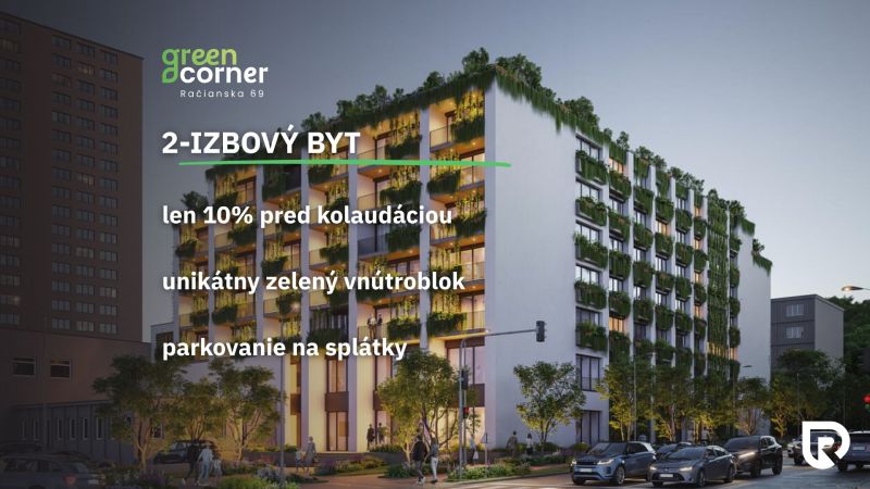 2 izbový byt 65 m² | Greencorner  | Bratislava-Nové mesto - Budova s rastlinnou fasádou na Račianskej ulici v Bratislave, ponúka 2-izbové byty.