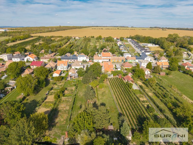 Starší rodinný dom s veľkou záhradou v obci Štefanová | okres Pezinok - Letecký pohľad na rodinné domy na Hlavnej ulici v Štefanovej obklopené záhradami a prírodou.