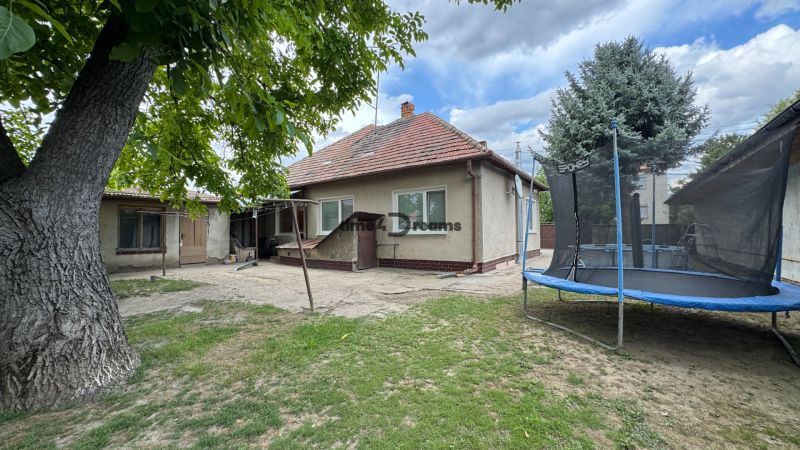 NA PREDAJ Rodinný dom - Šurany - Nitriansky Hrádok, EXKLUZÍVNE - Rozľahlý dvor rodinného domu v Šuranoch s trampolínou a stromom, letná atmosféra.