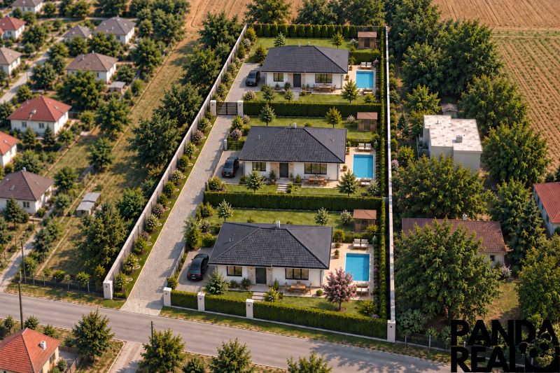 INVESTIČNÁ PRÍLEŽITOSŤ- pozemok 3 200 m² s rodinným domom, Čermany - Letecký pohľad na tri rodinné domy s bazénmi v Čermanoch pre Pozemky - bývanie.