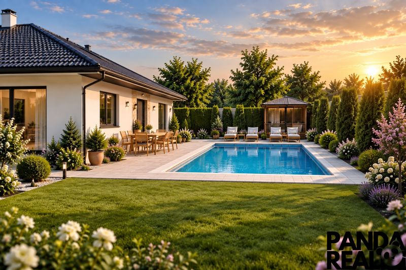 INVESTIČNÁ PRÍLEŽITOSŤ- pozemok 3 200 m² s rodinným domom, Čermany - Elegantná terasa so záhradou a bazénom v Čermanoch, ideálna pre Pozemky - bývanie.