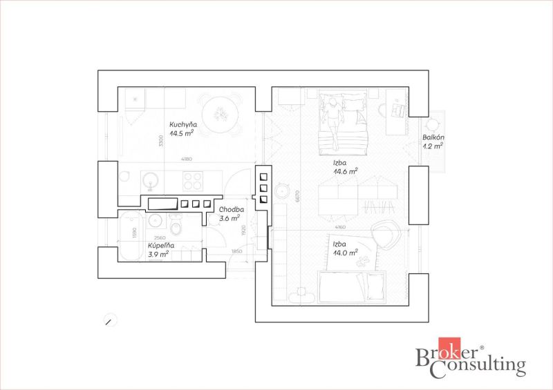 Exkluzívne 2 izbový byt po rekonštrukcii, Hubeného, Krasňany, Rača, Br - Pôdorys 2-izbového bytu s kuchyňou, kúpeľňou a balkónom, 48,5 m².