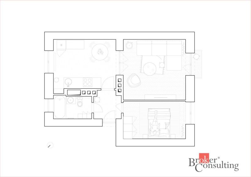 Exkluzívne 2 izbový byt po rekonštrukcii, Hubeného, Krasňany, Rača, Br - Rozloženie interiéru 2-izbového bytu s kuchyňou, obývacou izbou a spálňou.
