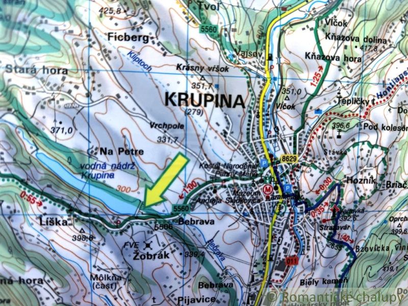 3106m2 stavebný pozemok nad priehradou v Krupine - Mapa Krupiny s detailmi Záhrad a turistických trás.