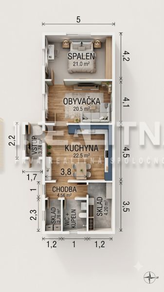 RODINNÝ DOM S VÝNIMOČNOU ZÁHRADOU, 1 141 M², BANSKÁ BYSTRICA  - Pôdorys rodinného domu s kuchyňou, obývačkou a spálňou na podlahe s dreveným dekorom.