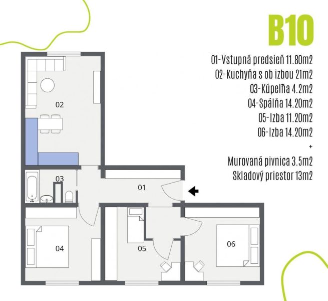 NOVO ZREKONŠTRUOVANÝ 4-IZBOVÝ BYT V TICHOM PROSTREDÍ - 78 m² - NOVÉ ME - Pôdorys 4-izbového bytu s kuchyňou, kúpeľňou, predsieňou a tromi izbami.