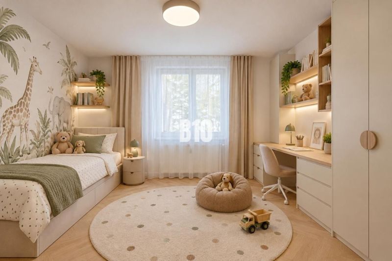 NOVO ZREKONŠTRUOVANÝ 4-IZBOVÝ BYT V TICHOM PROSTREDÍ - 78 m² - NOVÉ ME - Detská izba s nástennou maľbou, posteľou a pracovným stolom v 4-izbovom byte.