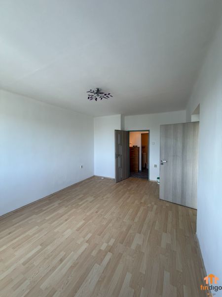 PRENÁJOM- 2-izbového bytu v centre mesta Šaľa – pešia zóna  - Priestranná izba v 2-izbovom byte s podlahou s dreveným dekorom a jednoduchým osvetlením.